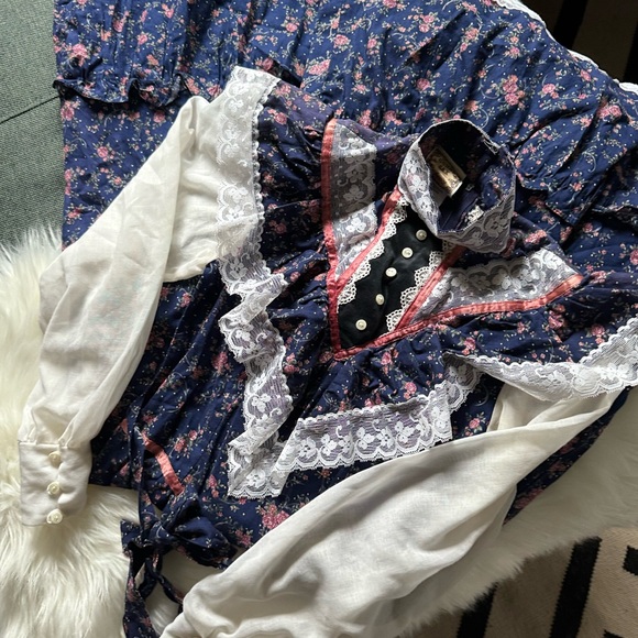 Vintage '70s Jessica McClintock Gunne Sax Navy/Pink Flower Dress - Picture 6 of 16